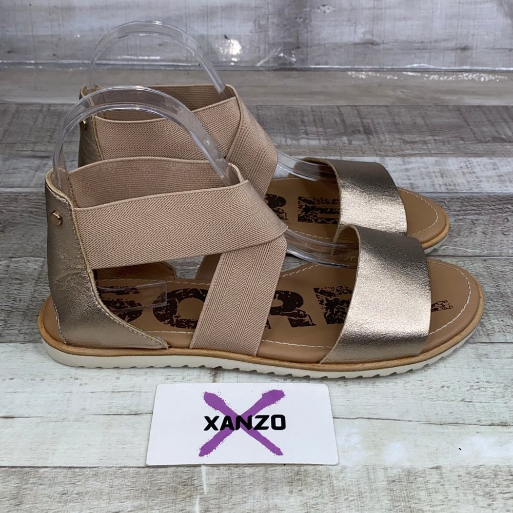 Sorel Womens Gold Ella Leather Ankle Strap Adjustable Flat Sandals Size US 7.5